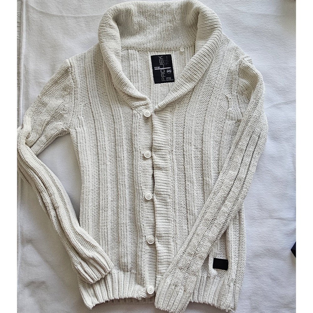 Projek Womens‎ Chunky  Cable Knit Shawl Collar Sweater, Ivory, Small, Grannycore